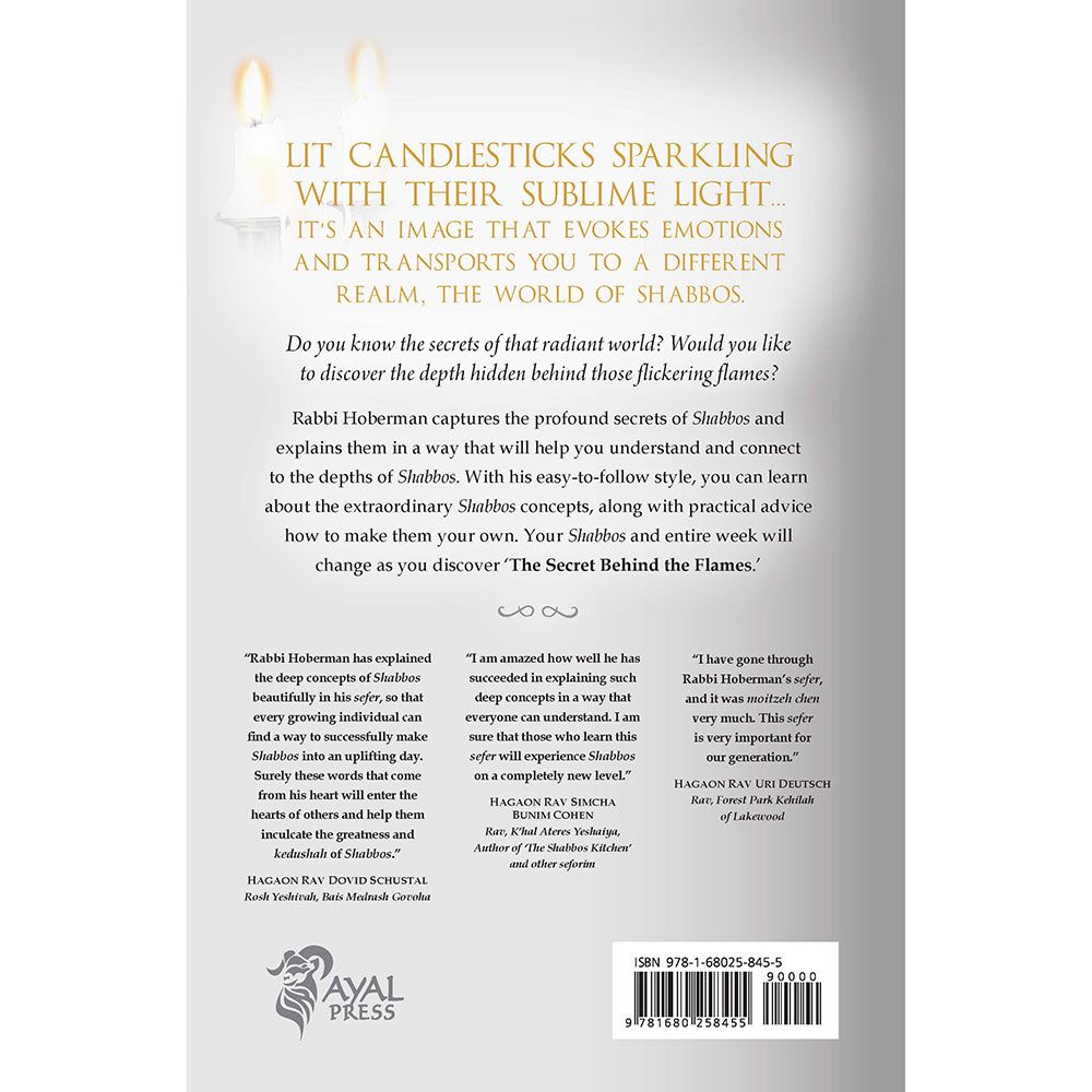 Back cover of The Secret Behind the Flames by Rabbi Elchonon Hoberman, with the summary and barcode