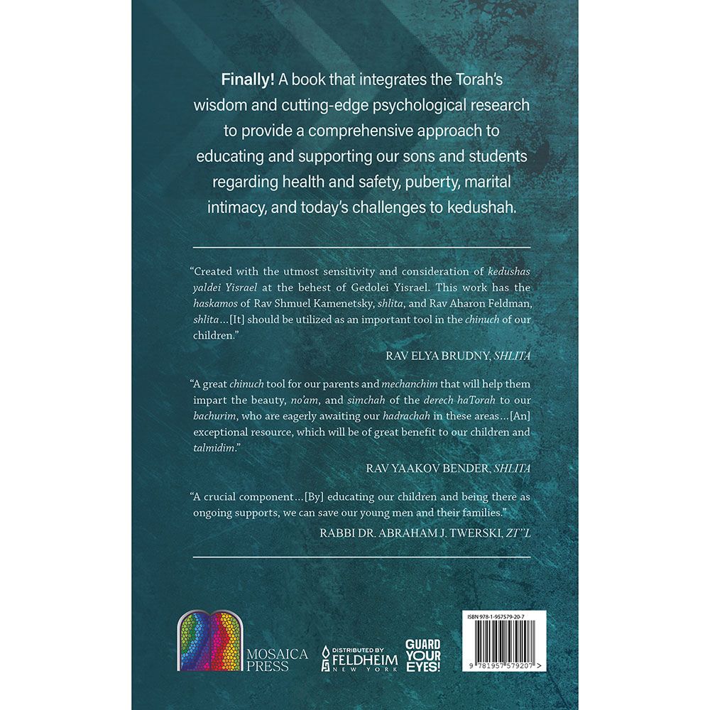 Back cover of From Boys to Men: Guiding Our Sons and Students in the Ways of Kedushah, with the summary and barcode