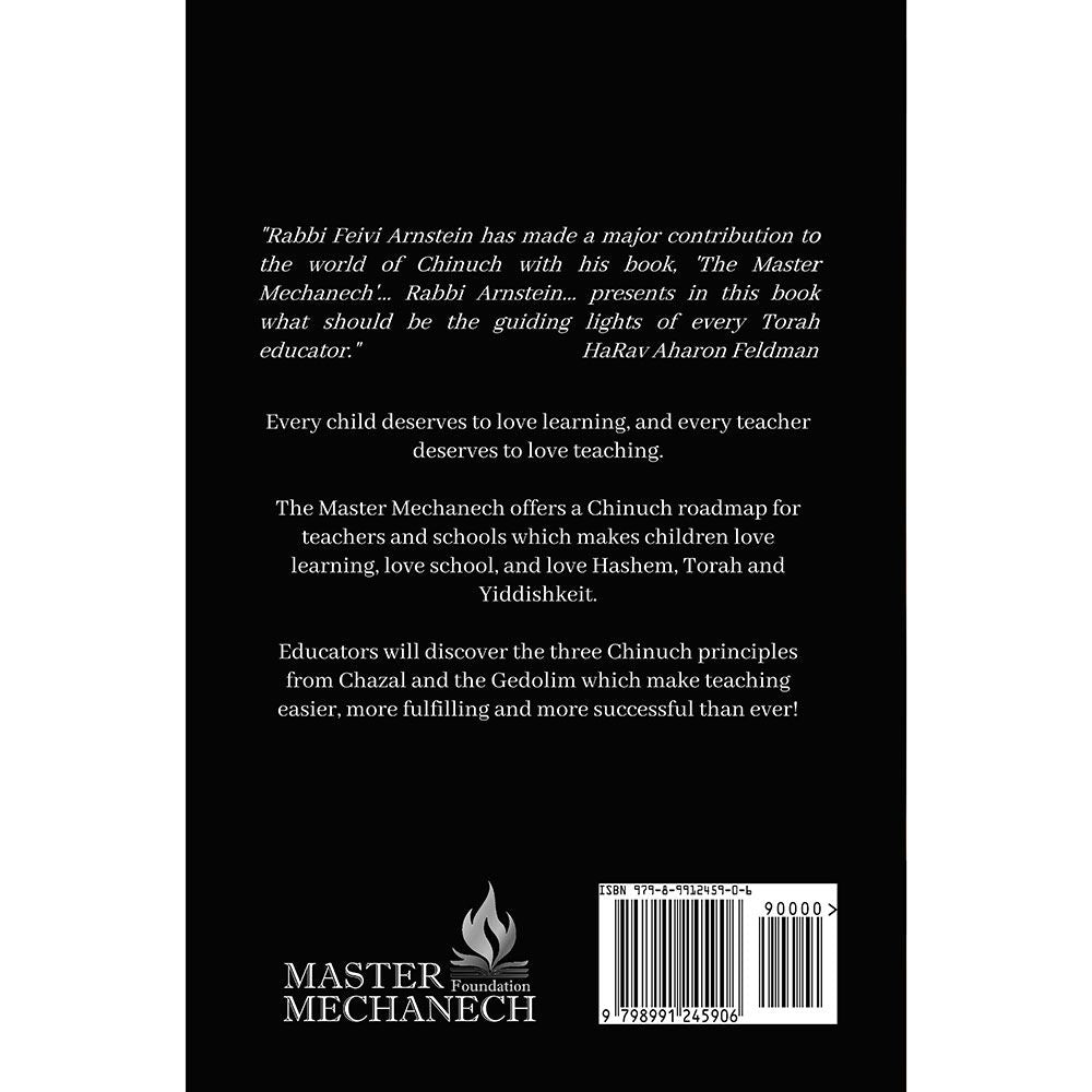 Back cover of The Master Mechanech by Rabbi Feivi Arnstein, with the summary and barcode