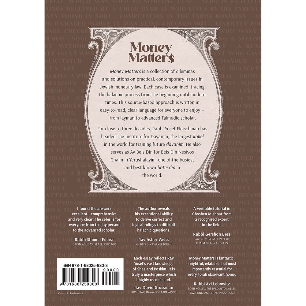 Back cover of Money Matters 2 by Rabbi Yosef Fleischman, with the summary and barcode