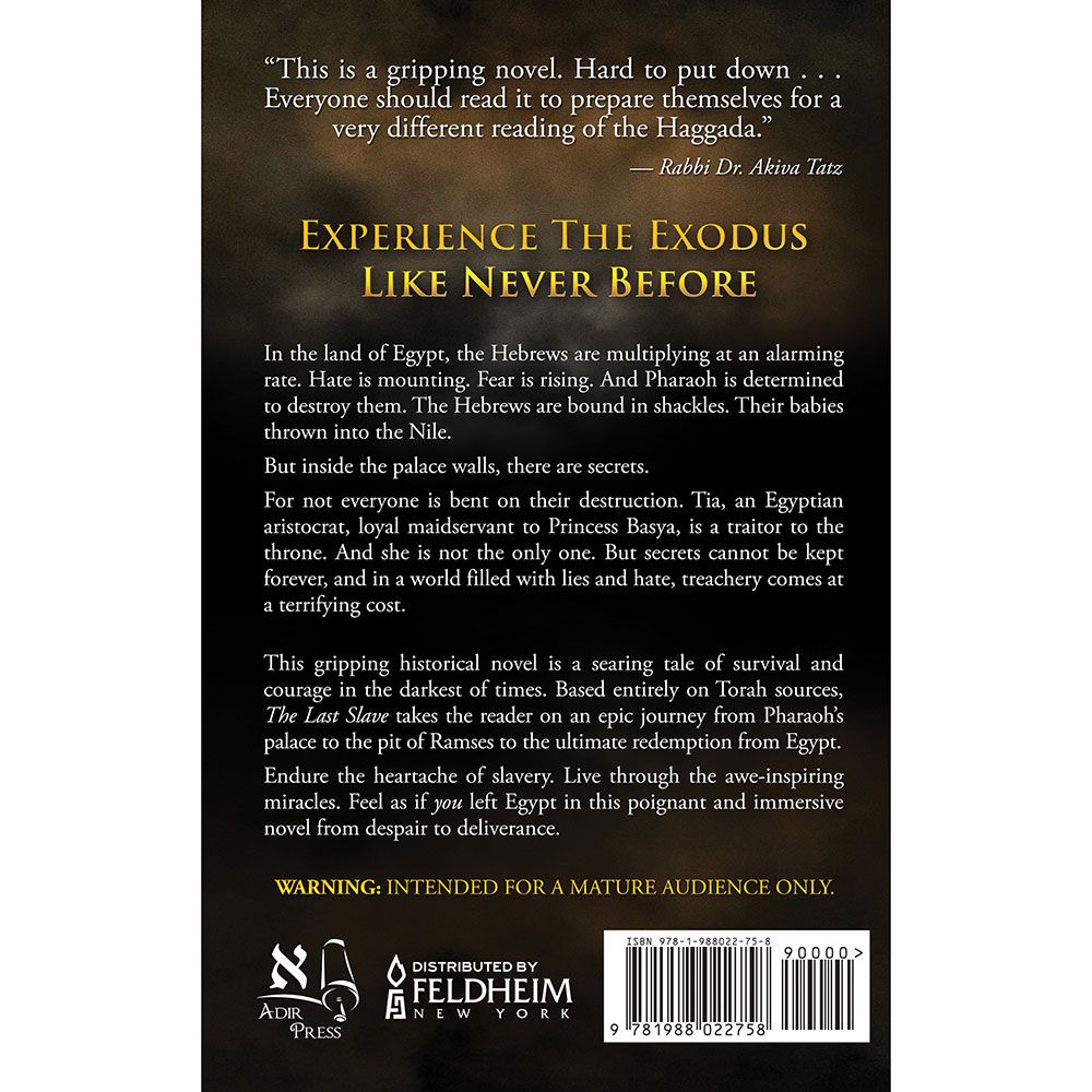 Back cover of The Last Slave: An Exodus Novel by Yehudis Kormornick, with the summary and barcode