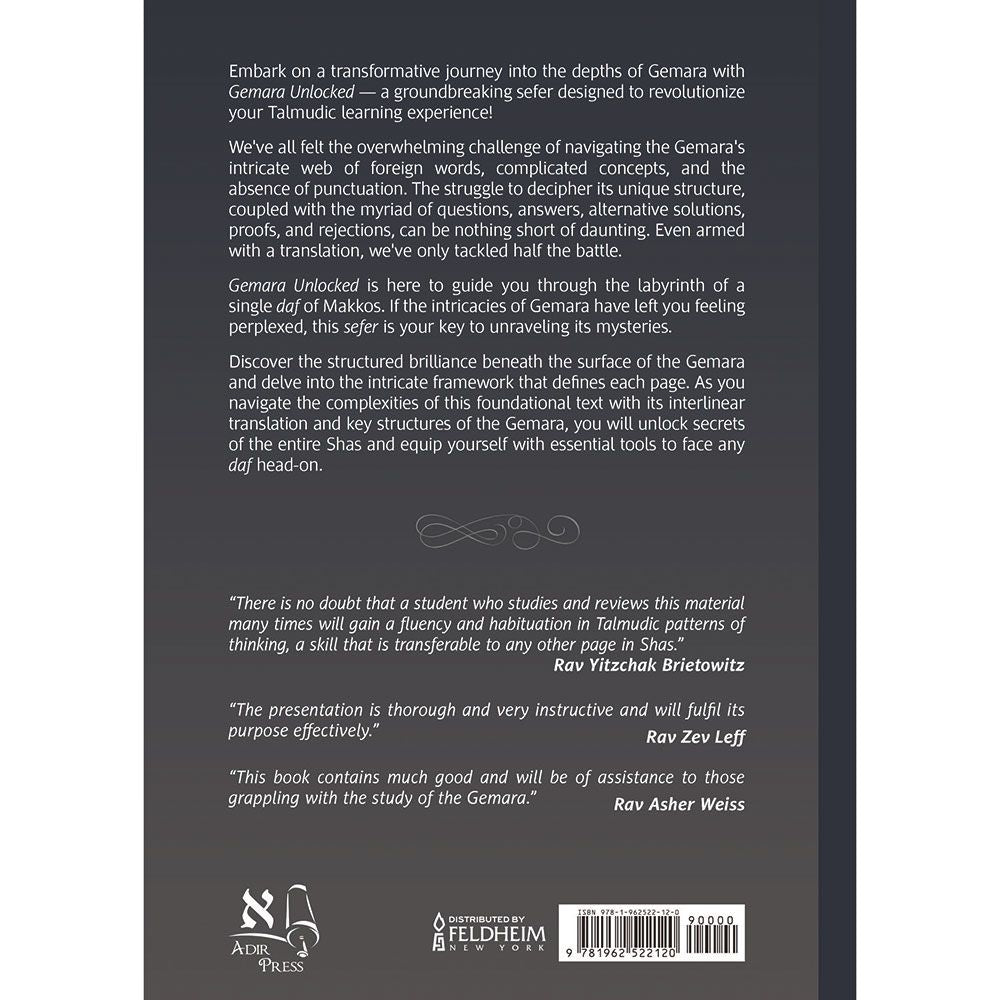 Back cover of Gemara Unlocked by Rabbi David Simon, with the summary and barcode