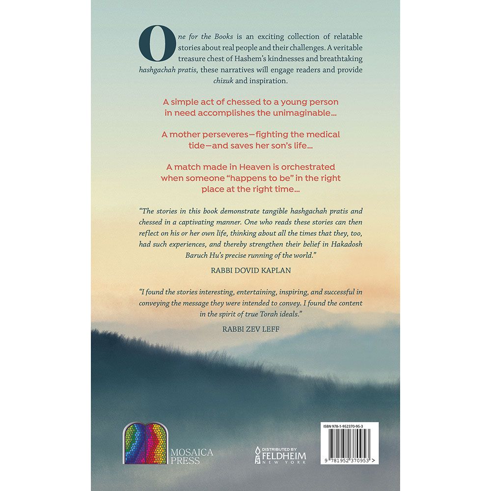 Back cover of One for the Books: Stories of Hashgachah Pratis and Chessed by Chaya S. Newman, with the summary and barcode