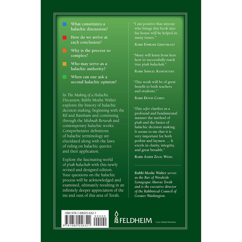 Back cover of The Making of a Halachic Decision by Rabbi Moshe Walter, with the summary and barcode