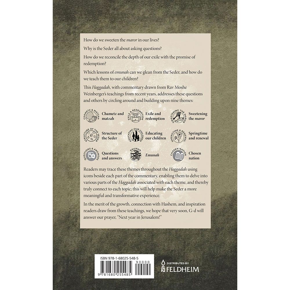Back cover of In the Heart of the Fire Haggadah: Rav Moshe Weinberger on the Haggadah, with the summary and barcode