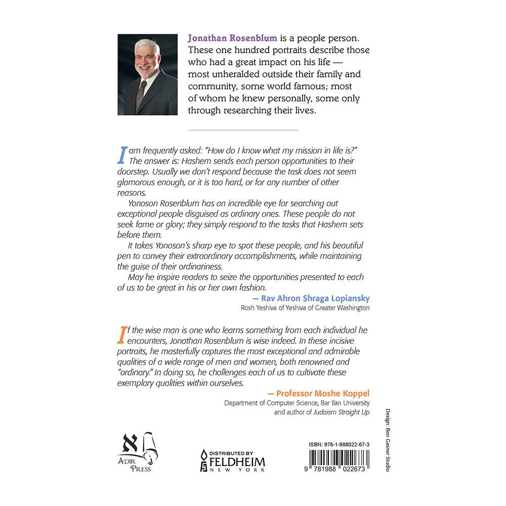 Back cover of Ordinary Greatness by Jonathan Rosenblum, with the summary and barcode