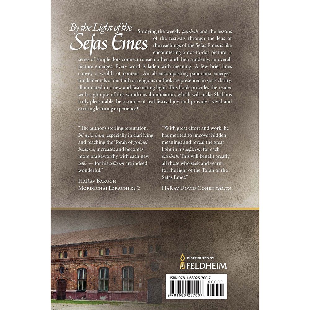 Back cover of By the Light of the Sefas Emes by Rabbi Avraham Weinroth, with the summary and barcode