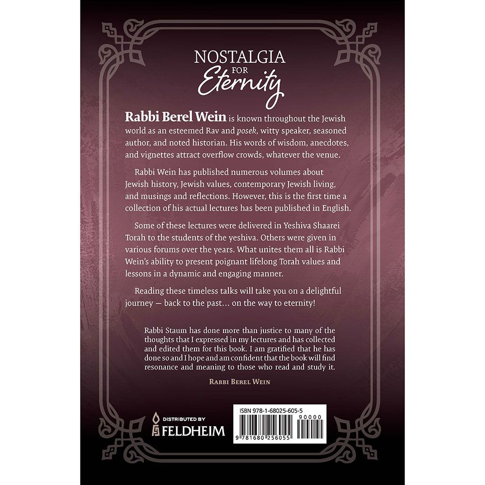 Back cover of Nostalgia for Eternity by Rabbi Doniel Staum, with the summary and barcode