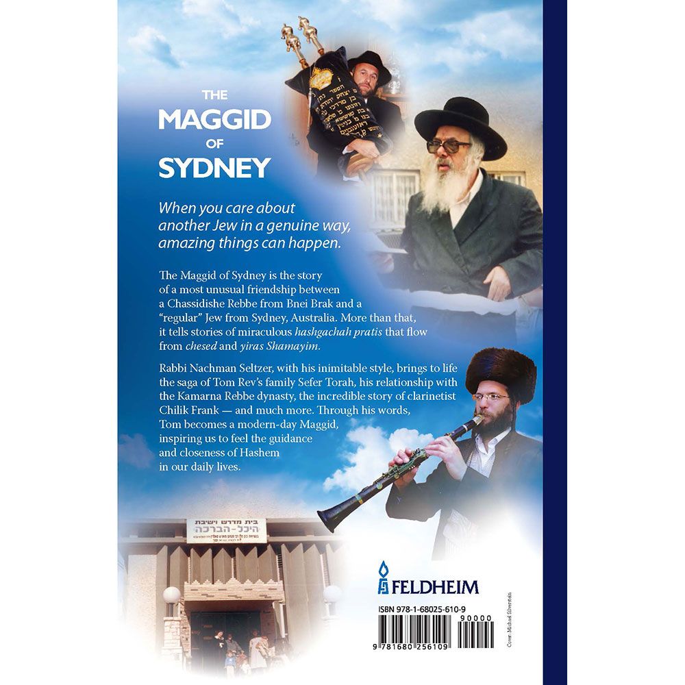 Back cover of The Maggid of Sydney: The Amazing Story of Tom Rev and the Kamarna Rebbe, with the summary and barcode