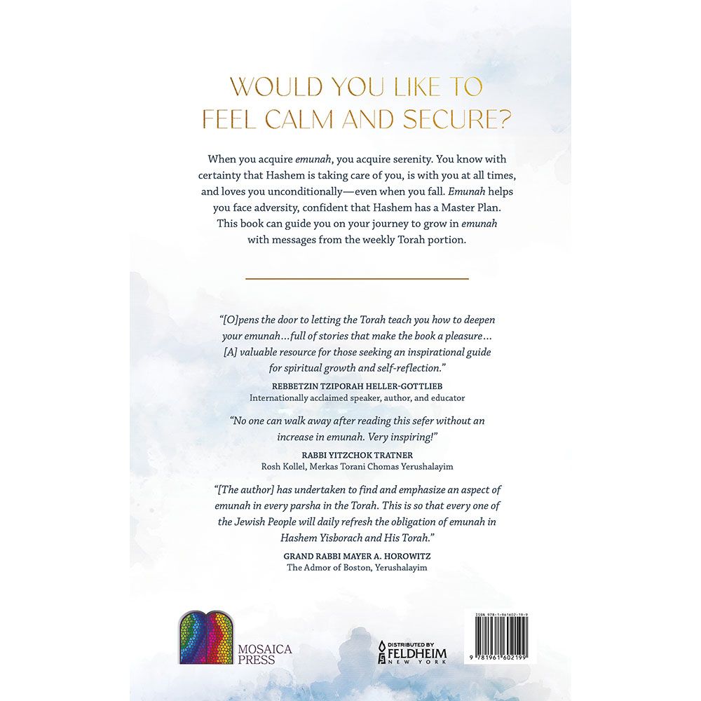Back cover of Emunah in the Parsha by Gitty Normile, with the summary and barcode