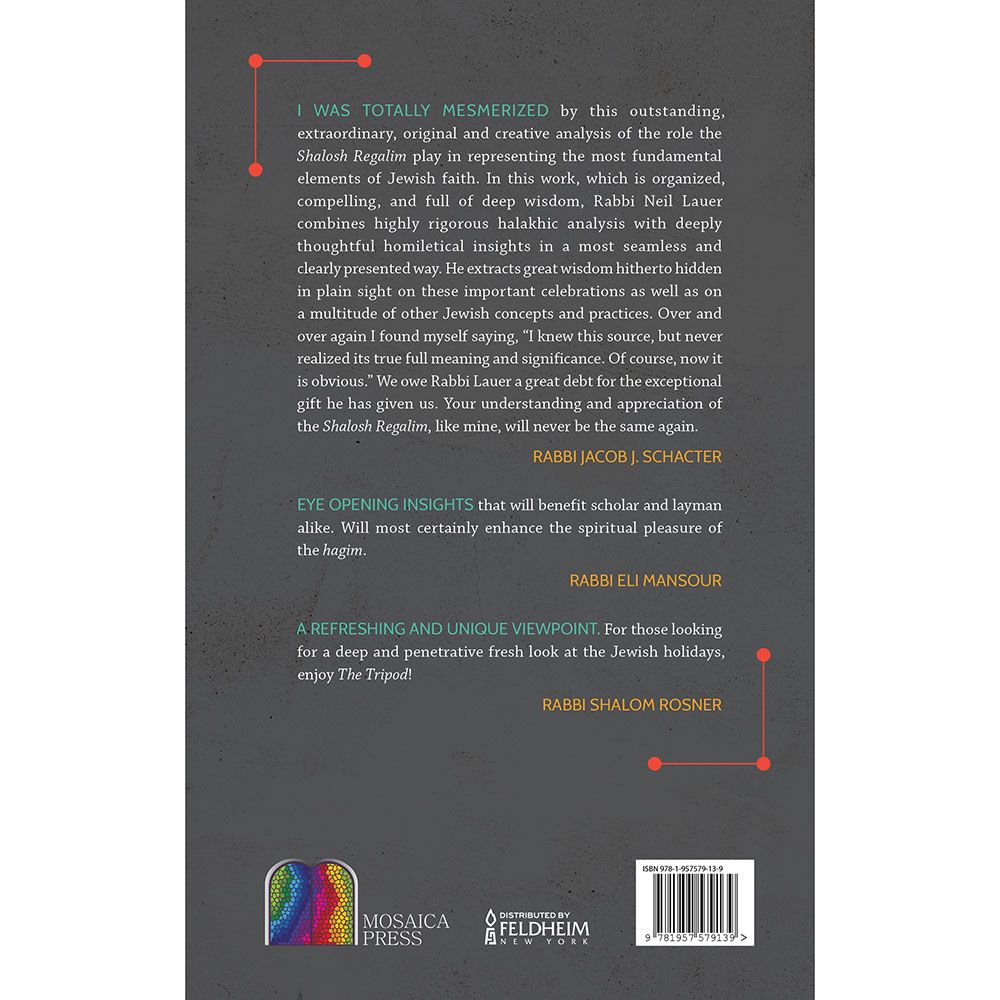 Back cover of The Tripod: Shalosh Regalim by Rabbi Neil Lauer, with the summary and barcode