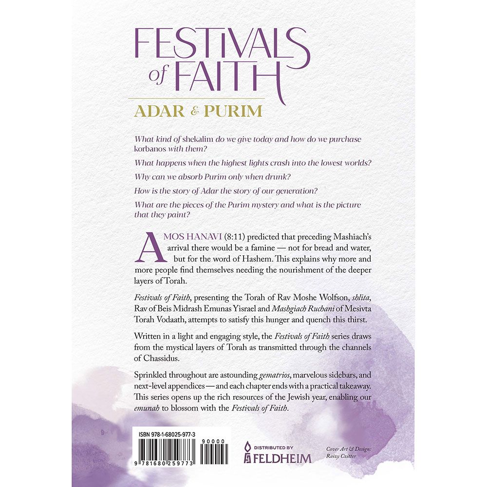 Back cover of Festivals of Faith - Adar and Purim by Rabbi Moshe Wolfson, with the summary and barcode