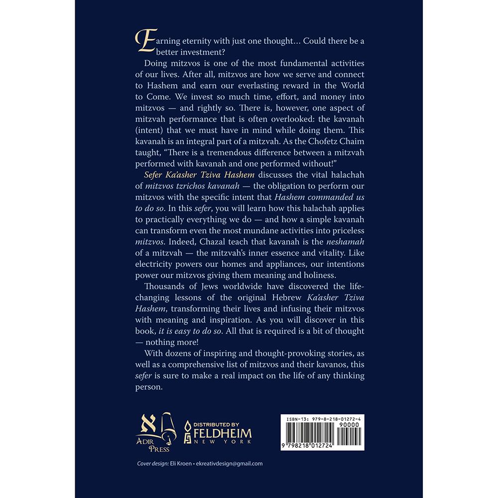 Back cover of Ka'asher Tziva Hashem by Rabbi Daniel Garfinkel, with the summary and barcode