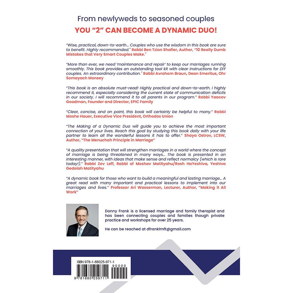 Back cover of The Making of a Dynamic Duo: A Couple's Guide to Connection by Donny Frank, with the summary and barcode