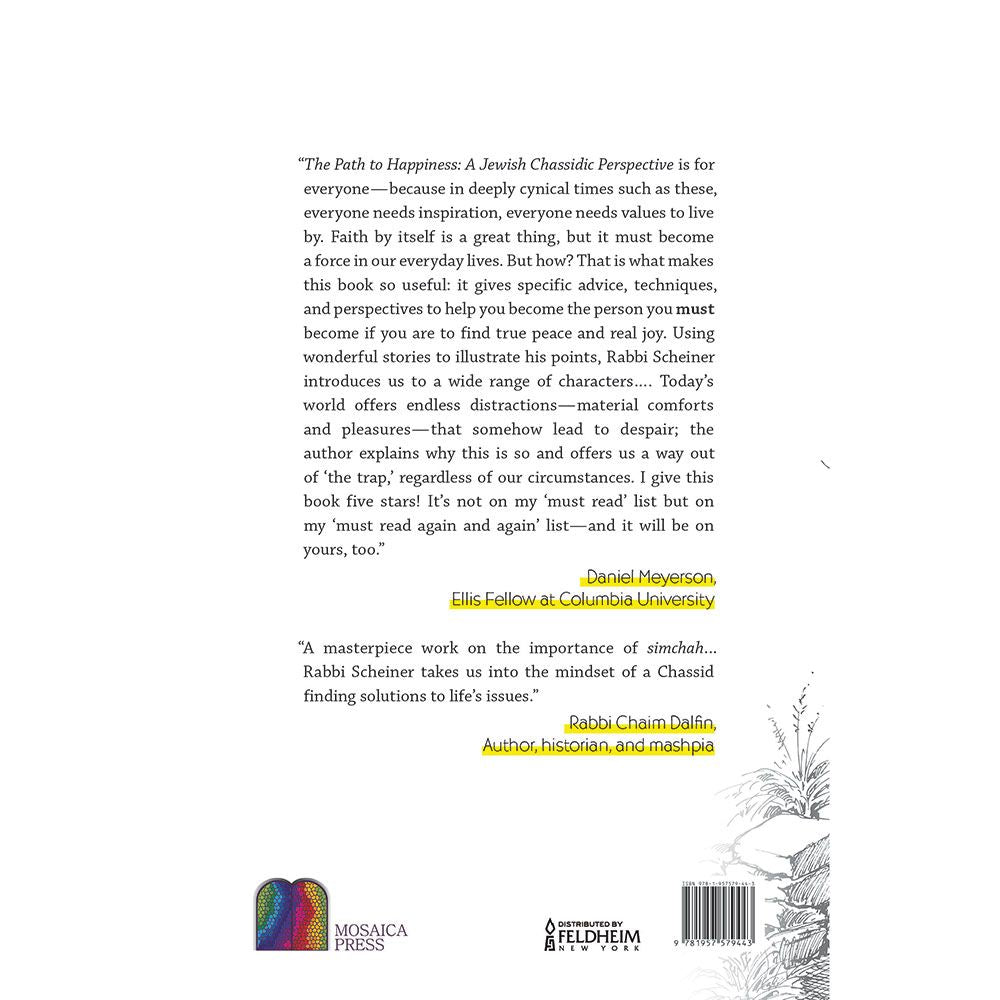 Back cover of The Path to Happiness: A Jewish Chassidic Perspective by Rabbi Pesach Scheiner, with the summary and barcode