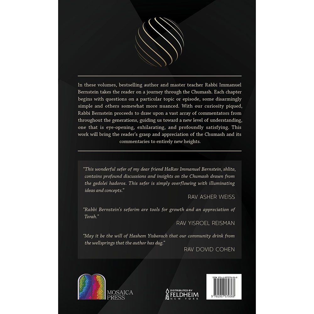 Back cover of Dimensions in Chumash Volume 2, Vayikra, Bamidbar, Devarim, with the summary and barcode