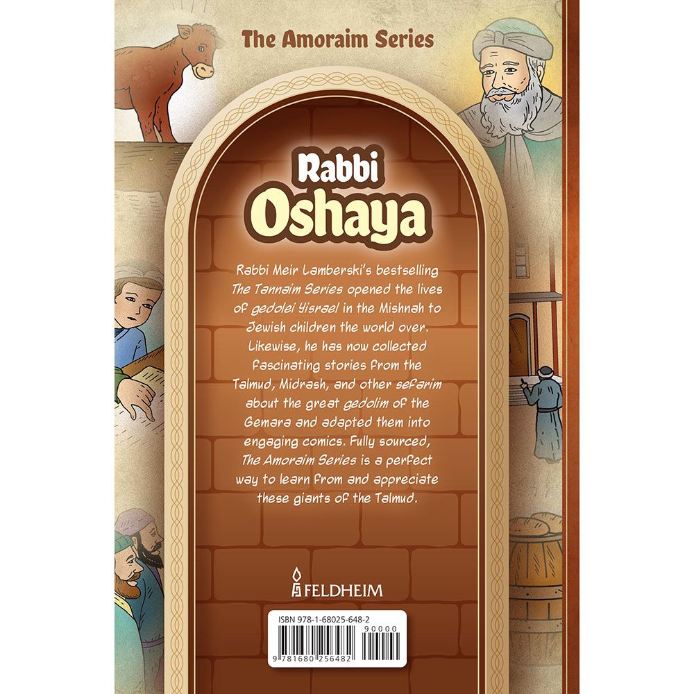 Back cover of Amoraim Series: Rabbi Oshaya by Meir Lamberski, with the summary and barcode