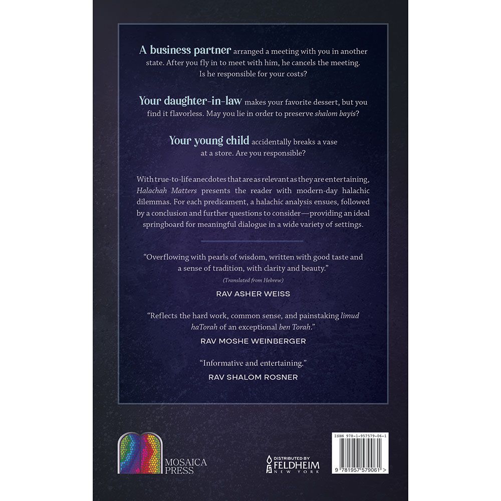 Back cover of Halachah Matters by Rabbi Zvi Nachman, with the summary and barcode