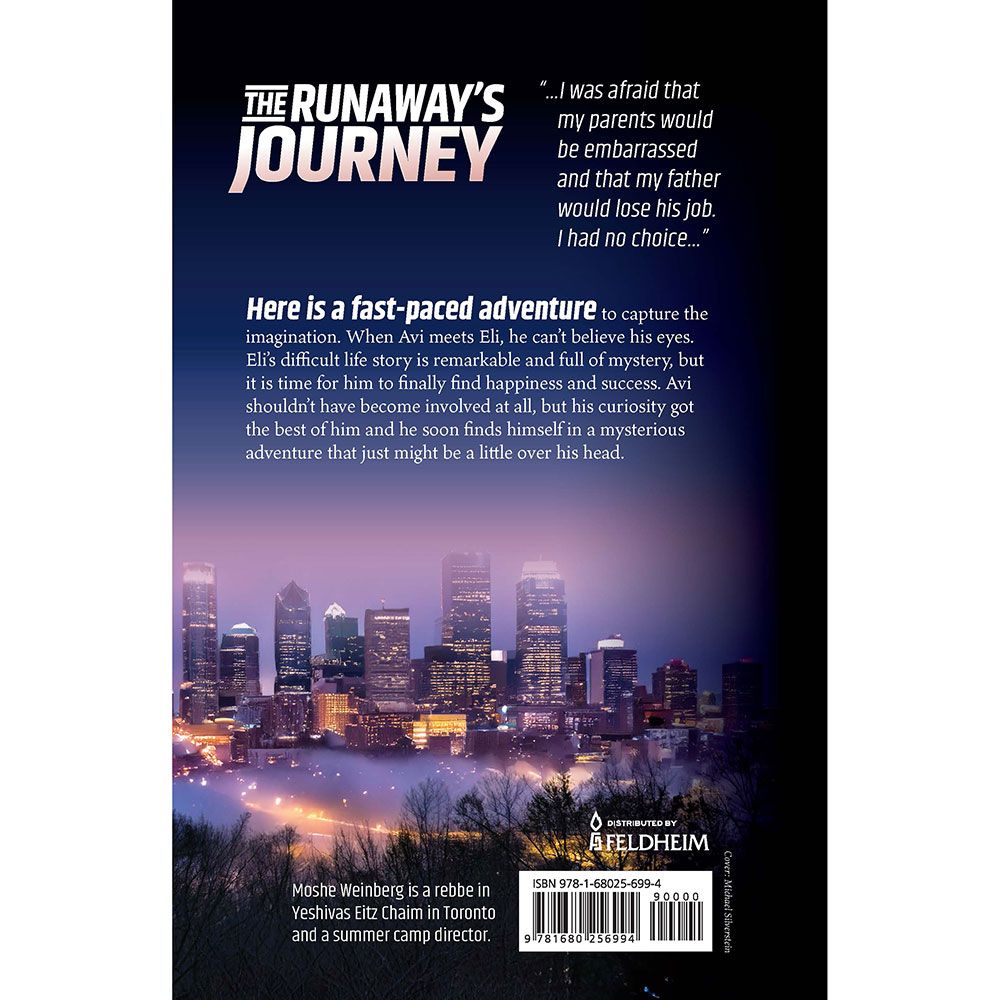 Back cover of The Runaway's Journey by Moshe Weinberg, with the summary and barcode