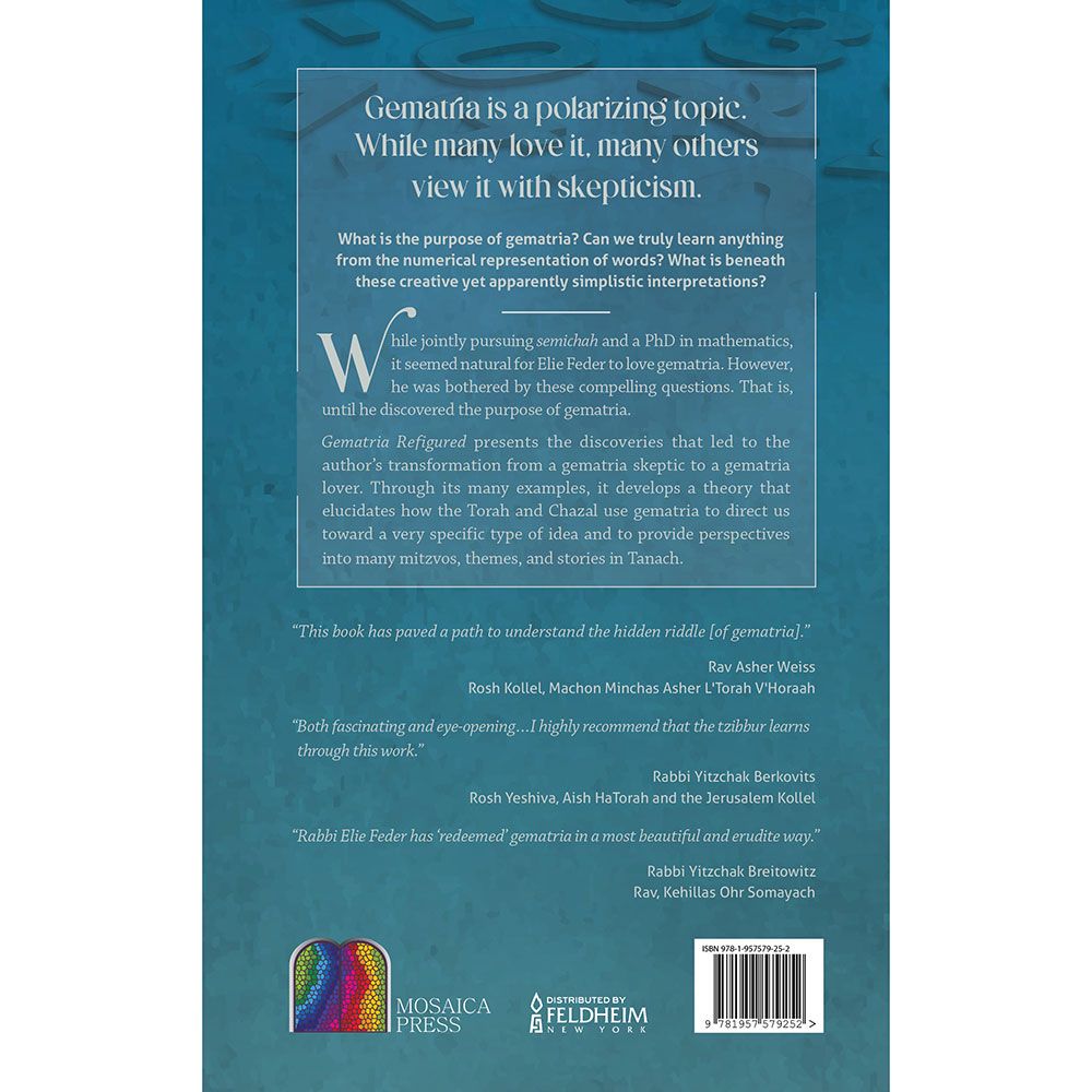 Back cover of Gematria Refigured: A New Look at How the Torah Conveys Ideas Through Numbers, with the summary and barcode