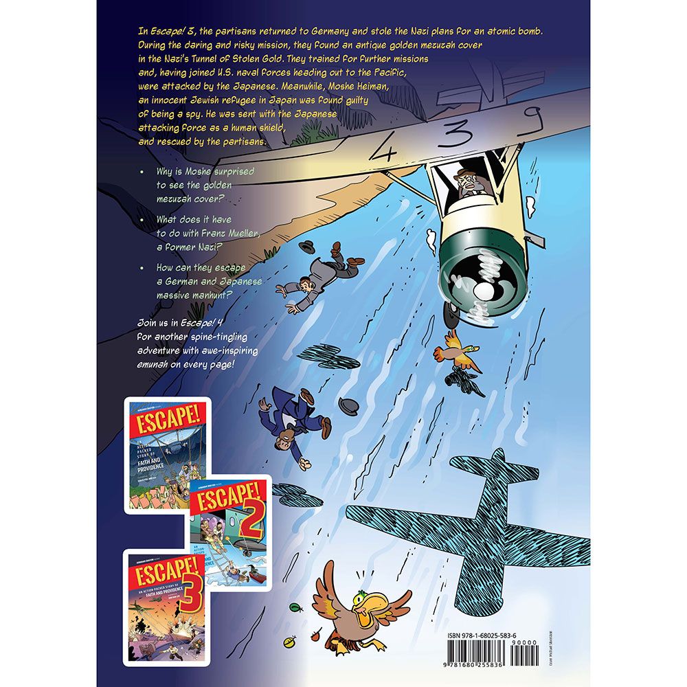 Back cover of Escape! 4 with plot summary, series covers and barcode