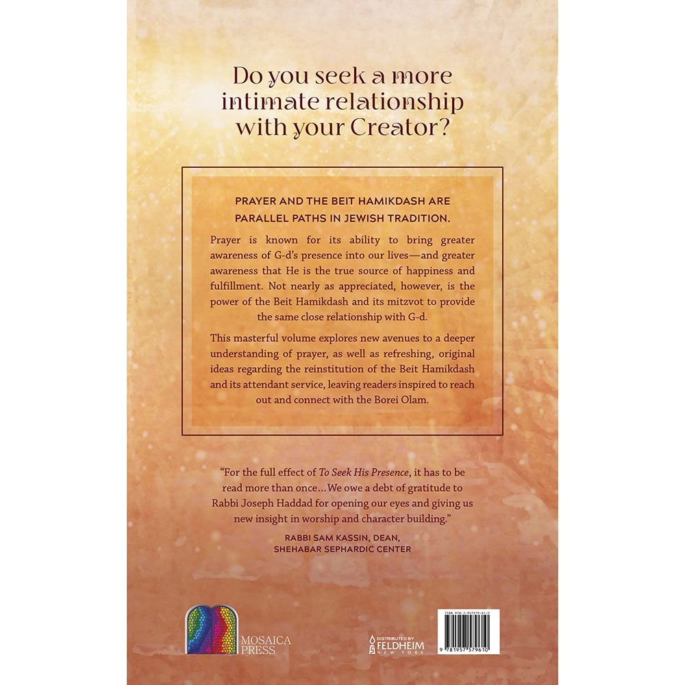 Back cover of To Seek His Presence by Joseph Haddad, with the summary and barcode
