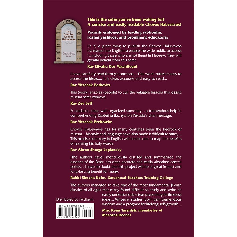 Back cover of The Concise Chovos Halevavos by Devorah Eisenbach and Miriam Samsonowitz, with the summary and barcode