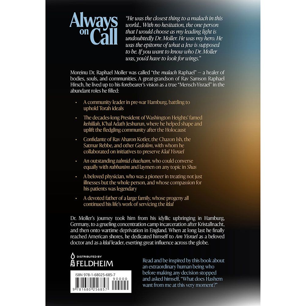 Back cover of Always on Call by Rabbi Eliezer Gevirtz, with the summary and barcode