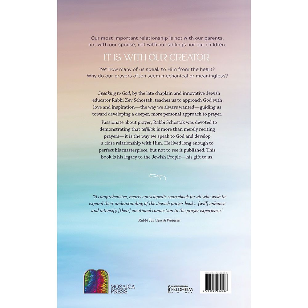 Back cover of Speaking to God by Rabbi Zev Schostak, with the summary and barcode