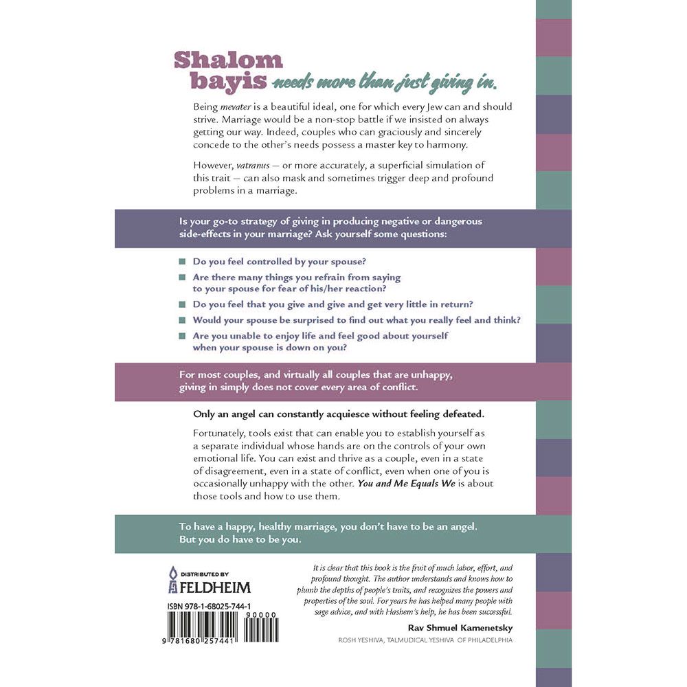 Back cover of You and Me Equals We by Rabbi Yisrael Kleinman, with the summary and barcode
