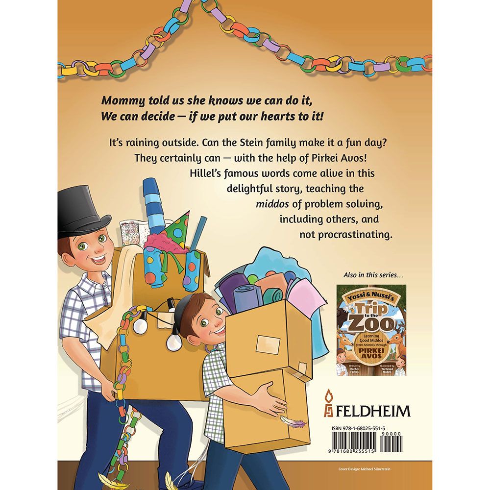 Back cover of Yossi and Nussi's Rainy Day Dare by Rachel Farkas, with the summary and barcode