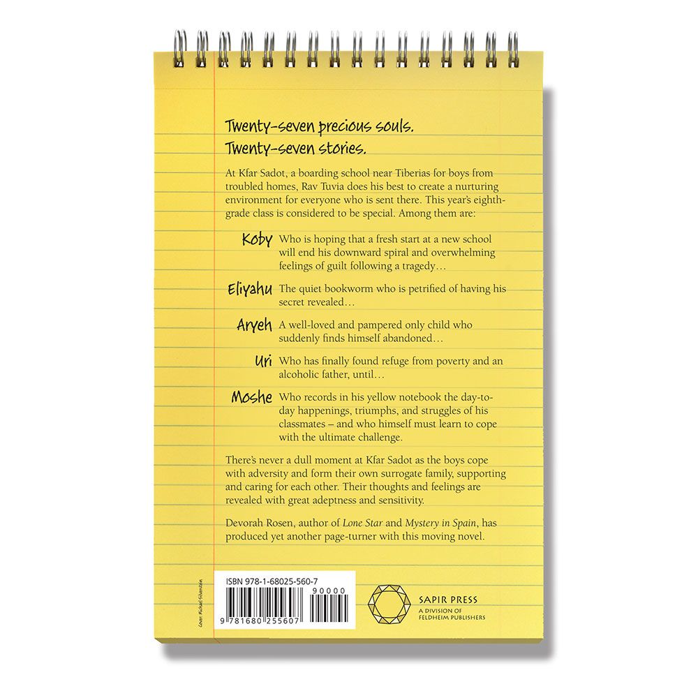 Back cover of The Yellow Notebook by Devorah Rosen, with the summary and barcode