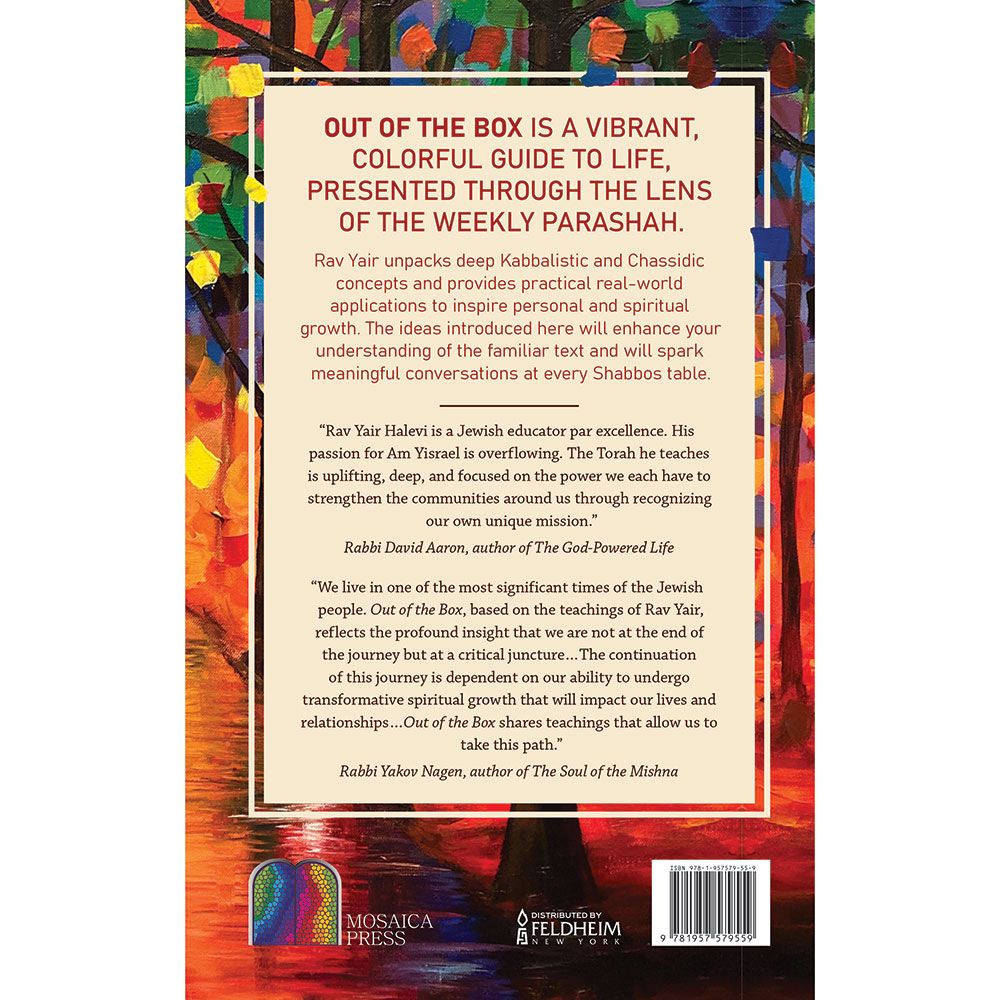 Back cover of Out Of The Box by Rav Yair Halevi Eisenstock, with the summary and barcode