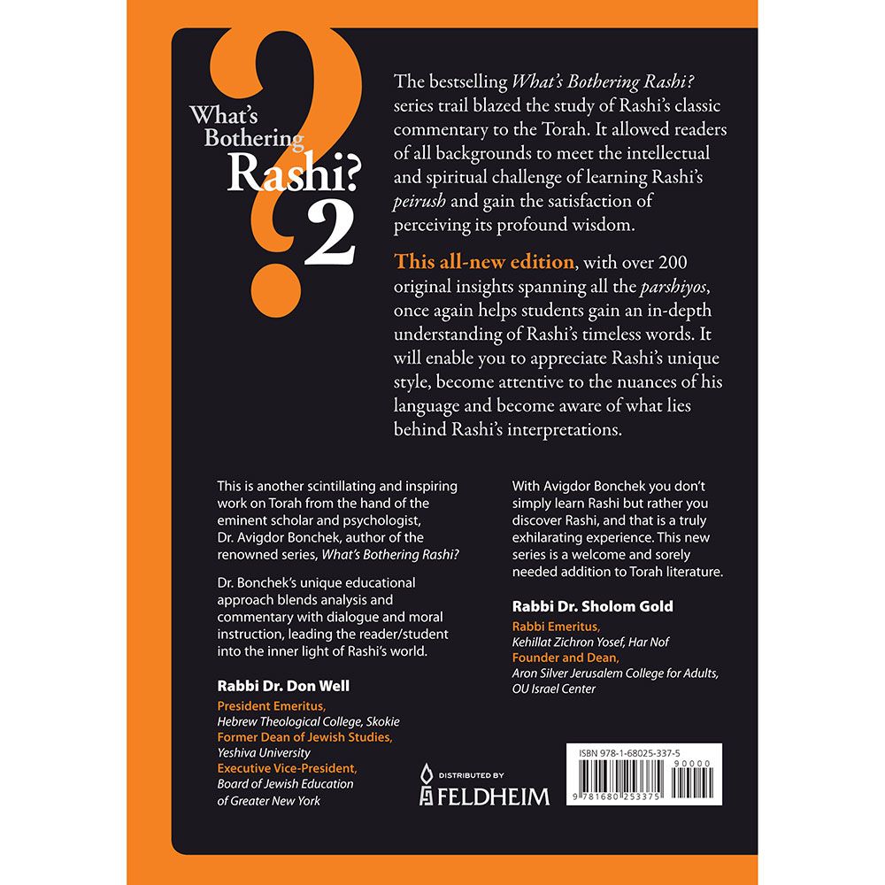 Back cover of What's Bothering Rashi 2 by Avigdor Bonchek, with the summary and barcode