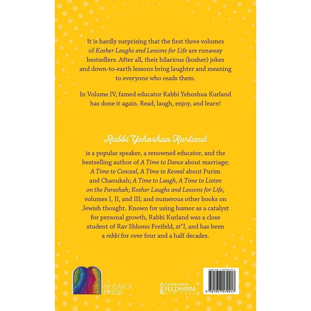Back cover of Kosher Laughs and Lessons for Life, Volume 4 by Rabbi Yehoshua Kurland, with the summary and barcode