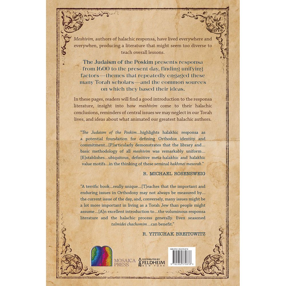 Back cover of The Judaism of the Poskim by Rabbi Gidon Rothstein, with the summary and barcode
