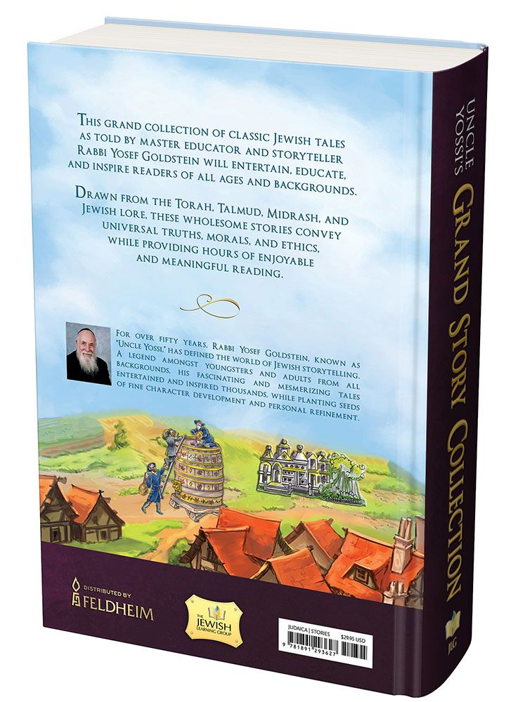 Back cover of Uncle Yossi's Grand Story Collection by Yosef Goldstein, with the summary and barcode