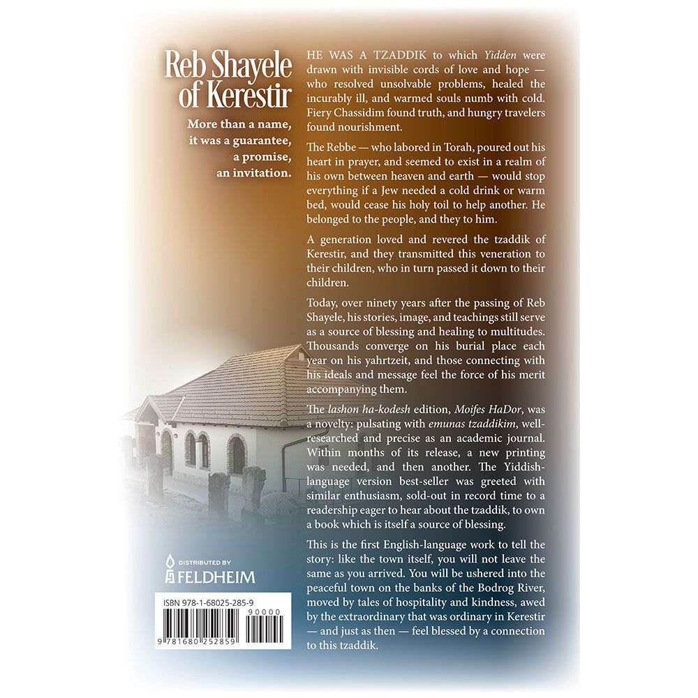Back cover of Reb Shayele: The Warmth and Wonder of Kerestir by Rabbi Yisroel Besser, with the summary and barcode