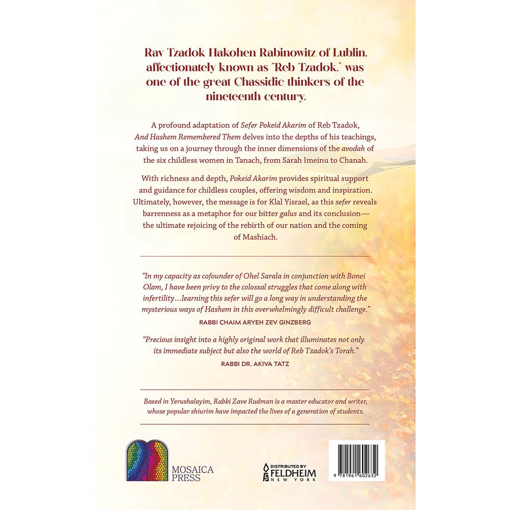 Back cover of And Hashem Remembered Them by Rabbi Zave Chaim Rudman, with the summary and barcode