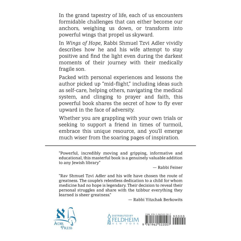 Back cover of Wings of Hope by Shmuel Tzvi Adler, with the summary and barcode