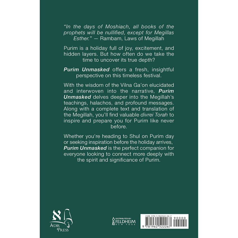 Back cover of Purim Unmasked by Rabbi Daniel Fine, with the summary and barcode