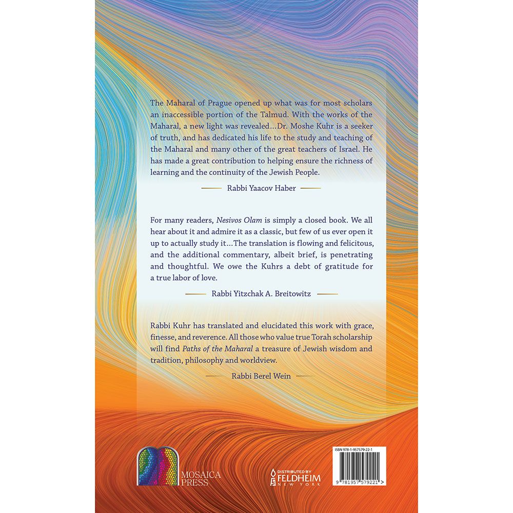 Back cover of Paths of the Maharal by Moshe David Kuhr, with the summary and barcode