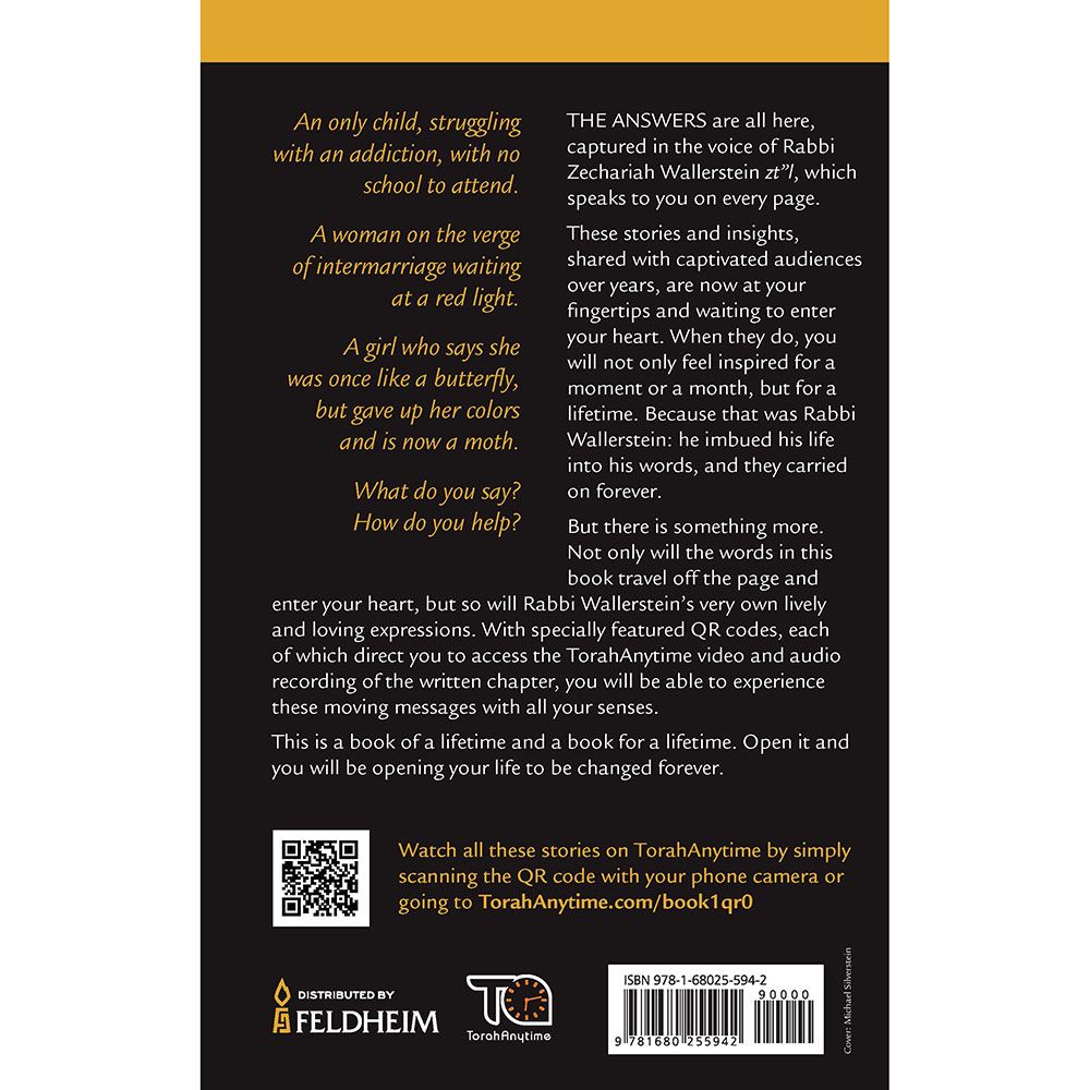 Back cover of It's All About Change: Stories and Insights from Rabbi Zecharia Wallerstein zt"l, with the summary and barcode