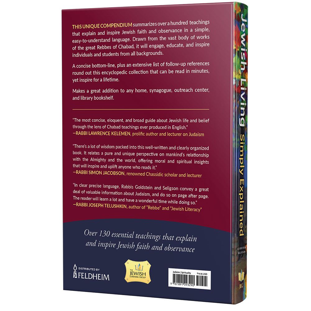 Back cover of Jewish Living Simply Explained by Rabbi Zalman Goldstein, with the summary and barcode