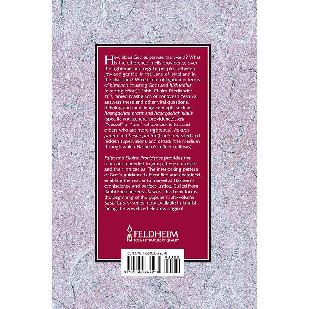 Back cover of Faith and Divine Providence by Rabbi Chaim Friedlander, with the summary and barcode