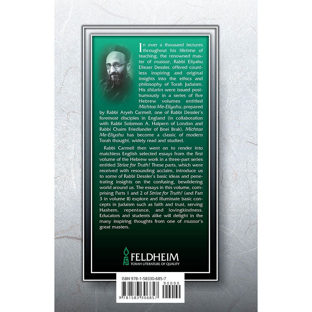 Back cover of Strive for Truth, Michtav Me'Eliyahu, 2 Volume Boxed Set by Rabbi Eliyahu Dessler, with the summary and barcode
