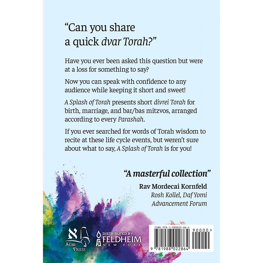 Back cover of A Splash of Torah, Life Cycle (Blue): Birth, Marriage, Bar/Bas Mitzvah, with the summary and barcode
