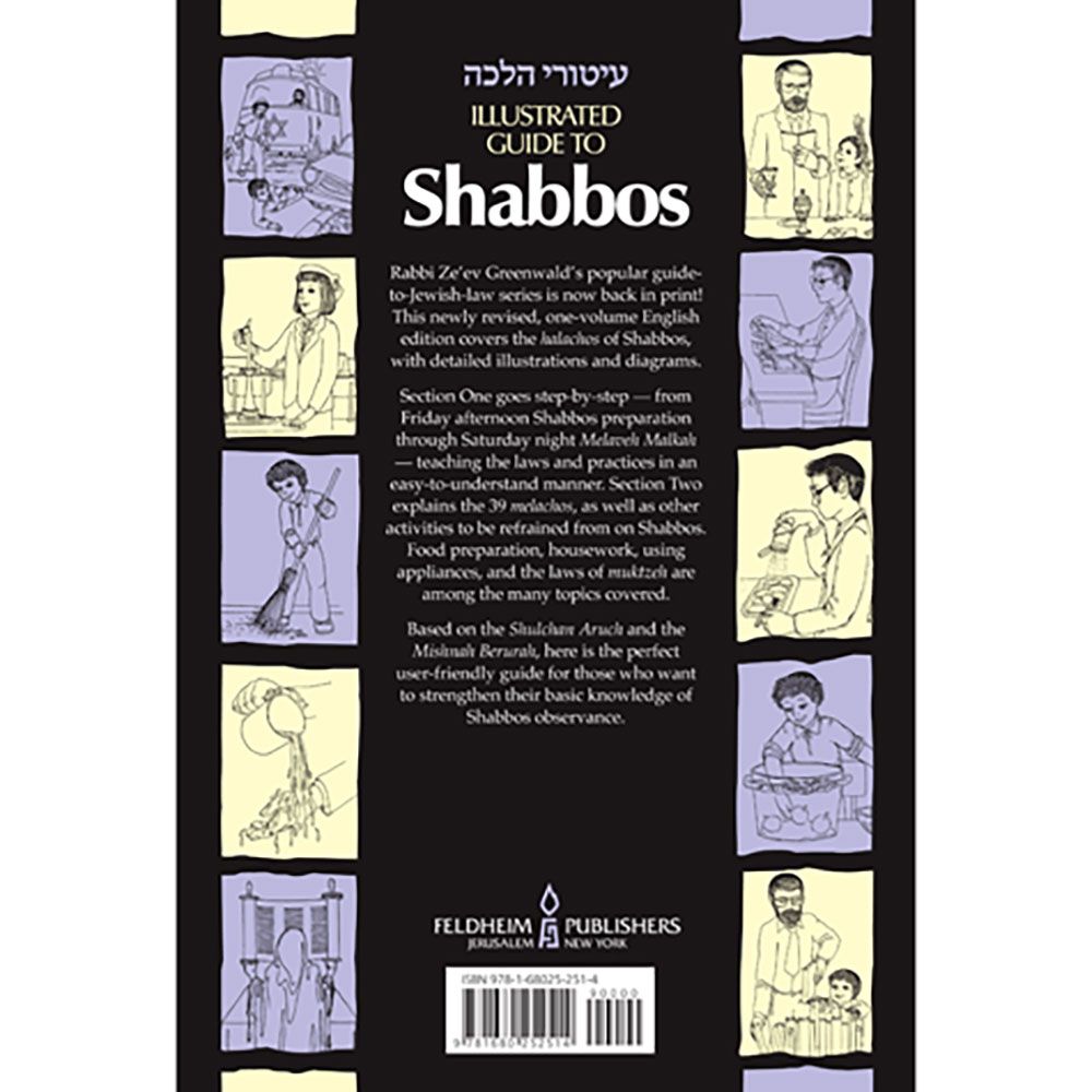 Back cover of Illustrated Guide to Shabbos by Rabbi Zev Greenwald, with the summary and barcode