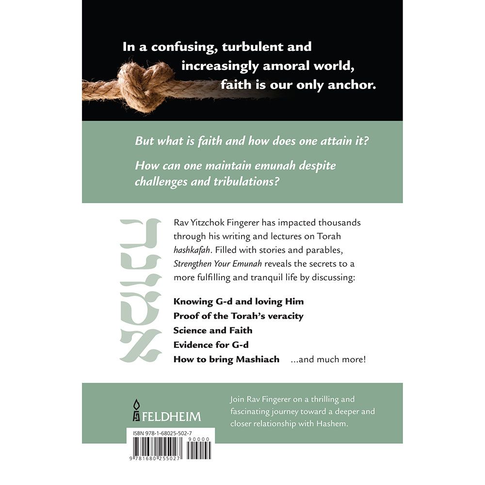 Back cover of Strengthen Your Emunah by Rabbi Yitzchok Fingerer, with the summary and barcode