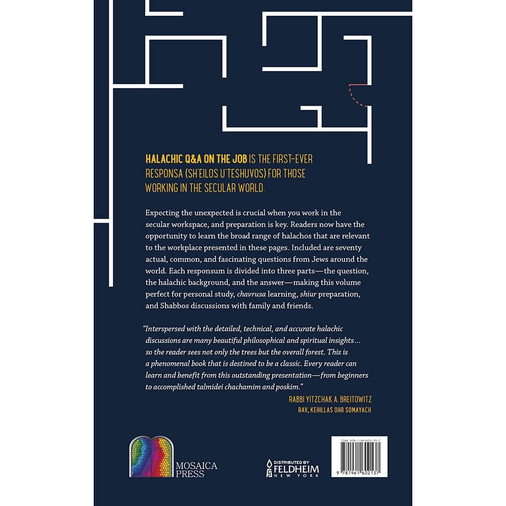 Back cover of Halachic Q&A on the Job by Ari Wasserman, with the summary and barcode